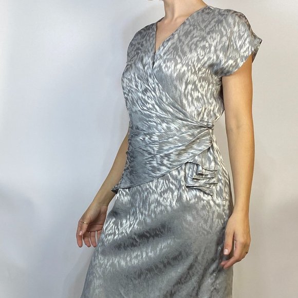 Vintage 80s SILKY Silver Faux Wrap DISCO Dress! Medium - Picture 4 of 7